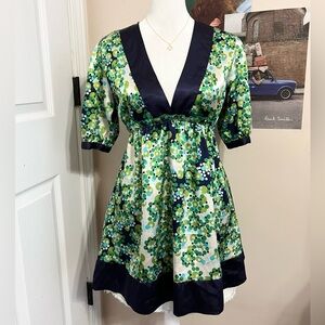 Y2K Green and Blue Floral V-Neck Blouse